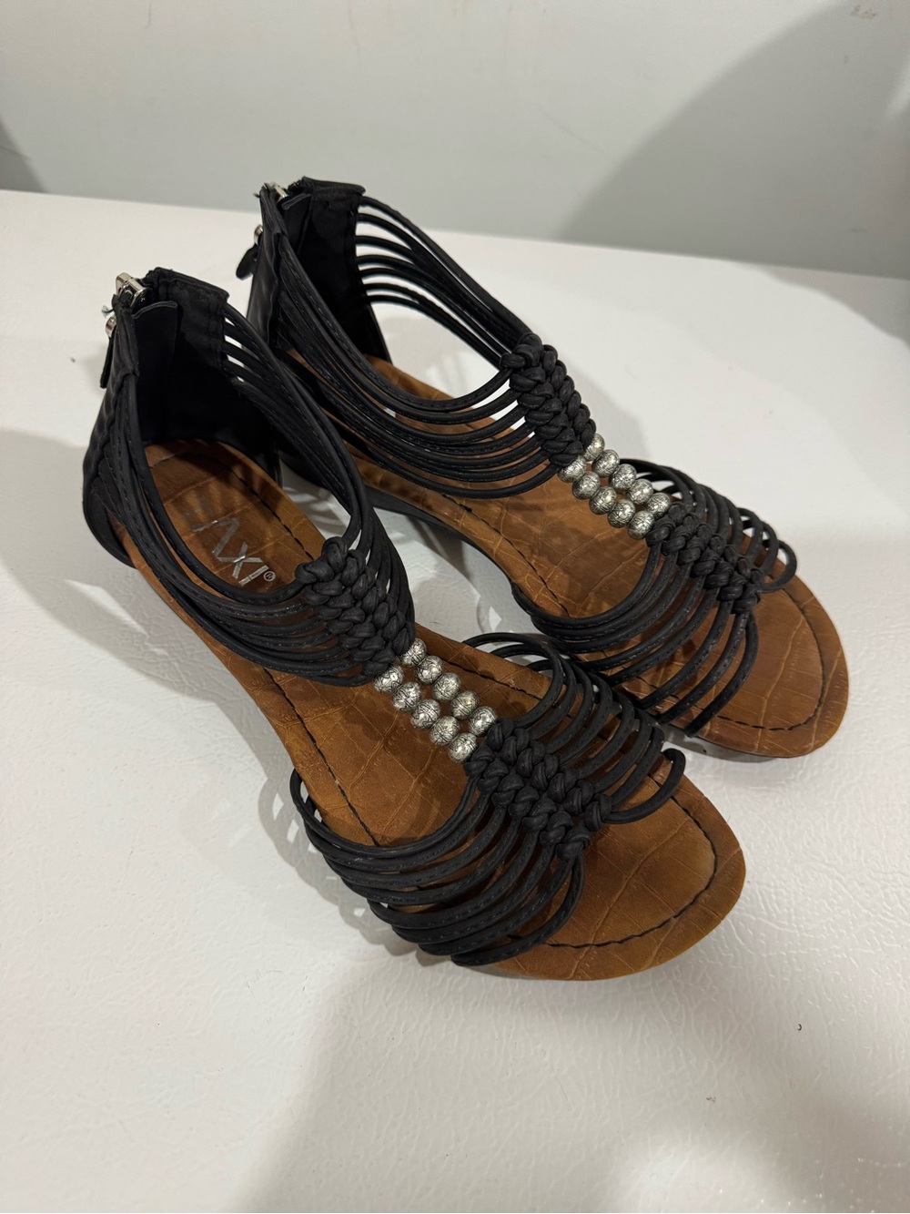 Black Braided T-Strap Sandals with Silver Bead Detail